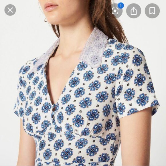 NWOT Sandro Enya Small Blue Geometric Print size 36 Small Silk Mini Dress - Picture 4 of 8